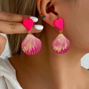 Cute Colorful Pink Shell Geometric Acrylic Ocean Style Drop Earrings Set 2"
